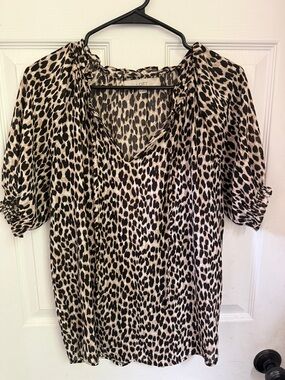 LOFT Black and Beige Leopard-Print V-Neck Puff-Sleeve Blouse